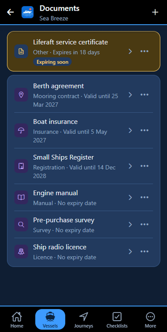Valid Until Docuemnt MyBoatMate: boat maintenance, journeys, checklists and documents