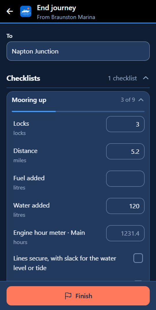 End journey screen for Heron: To Napton Junction, and the owner’s own Mooring up checklist, 3 of 9 done, with locks 3, distance 5.2 miles, 120 litres of water added and the engine hour meter at 1231.4, above a Finish button.