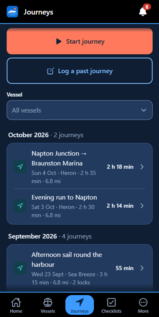Journeys screen: Start journey and Log a past journey buttons, then October 2026 with two journeys on Heron, Napton Junction to Braunston Marina and an evening run to Napton, and September 2026 starting with an afternoon sail round the harbour on Sea Breeze, each with its engine time.