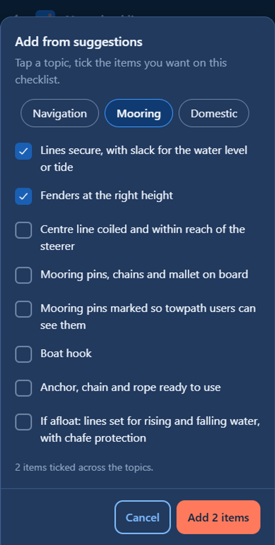 The Add from suggestions sheet on a new checklist: topic chips with Mooring selected, eight mooring items with “Lines secure, with slack for the water level or tide” and “Fenders at the right height” ticked, and an Add 2 items button.