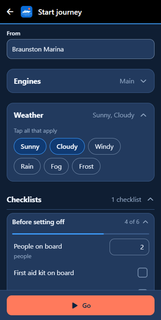 Start journey screen for Heron: From Braunston Marina, the Main engine selected, Sunny and Cloudy weather chosen, the Before setting off checklist open below with 4 of 6 done and People on board set to 2, and a big Go button.